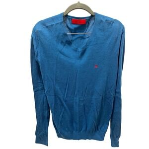 Carolina Herrera CH Mens Teal Blue V-Neck Sweater Elbow Patches Size S